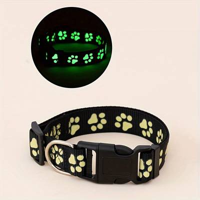 Collar with a Pet Paw Print Design That Glows in The Dark ( L ) - Black