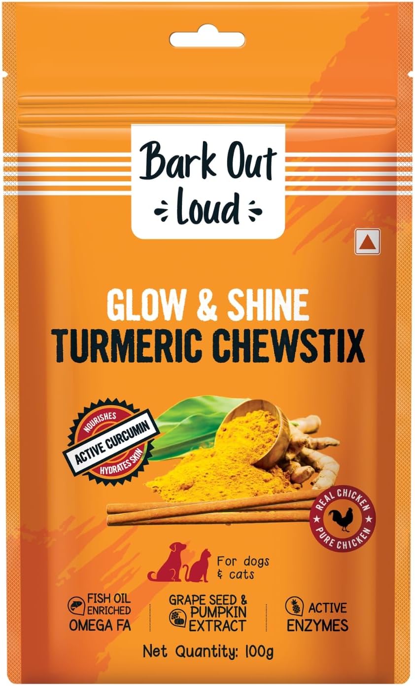 Bark out Loud by Vivaldis Glow & Shine Turmeric Chewstix - Fresh Chicken Stick Treats with Pumpkin & Grape Seed Extract for Shiny Skin & Coat- Dogs & Cats of All Life Stages 100g